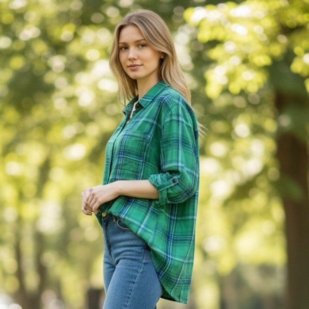 J. Jill Green Blue Plaid Button Down Shirt Long Sleeve L Tartan Layering holiday